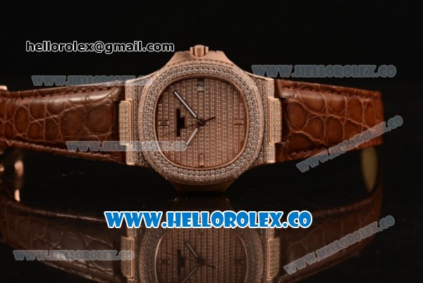 Patek Philippe Nautilus Miyota 9015 Automatic Diamonds/Rose Gold Case with Diamonds Dial and Brown Leather Strap (AAAF) - Click Image to Close